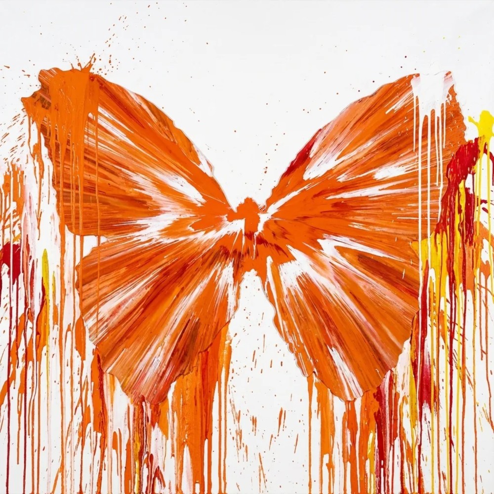 Bild 1 von Orange - Splash Schmetterling  / (Größe) 100 cm x 100  cm Acrylglas 