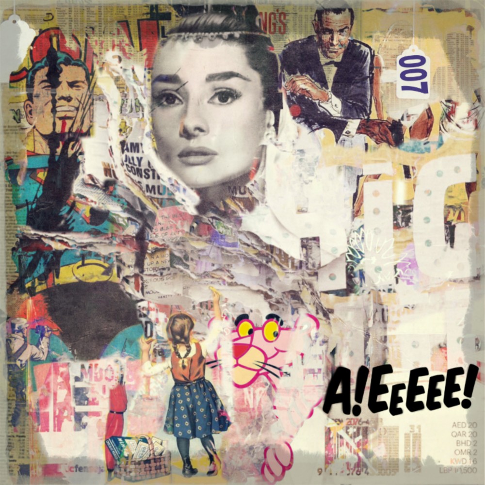 Bild 1 von Motiv Audrey Hepburn vs. James Bond Collage  by Felix von Altersheim  / (Größe) 100 cm x 100 cm 3 mm Alu Dibond inkl. Halterungen beigelegt