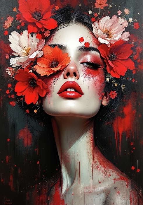 Bild 1 von Abstrakte Weibliche Portrait - Farbe Rot Flora 02  / (Größe) 70x100 cm 2 cm Leinwand gespiegelt