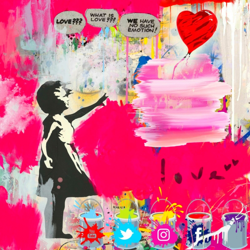 Bild 1 von Hommage Girl with Balloon Social Media Pink by Felix von Altersheim  / (Größe) 80 cm x 80 cm 5 mm Acrylglas XT weiss/kaschiert 100 % inkl. Halterungen beigelegt